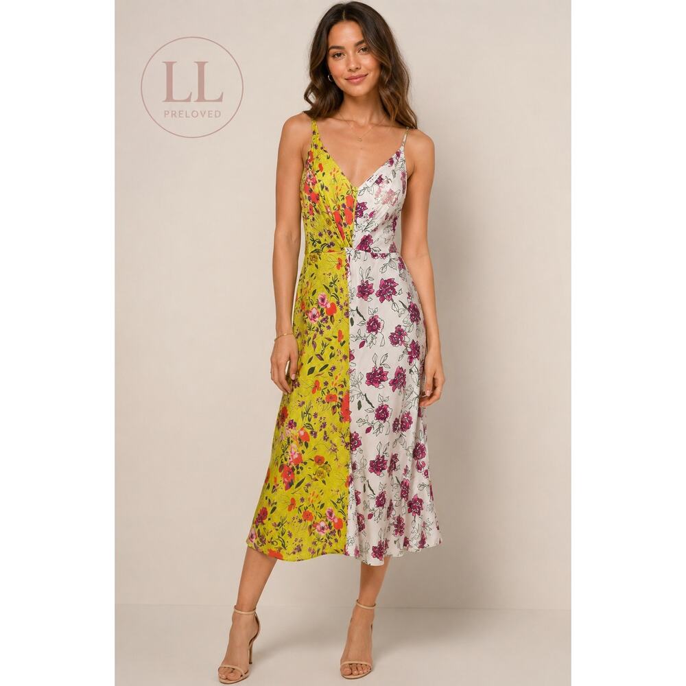 Delfi Collective Silk Slip Dress Women’s Sm Floral‎ Colorblock Midi Made in USA
